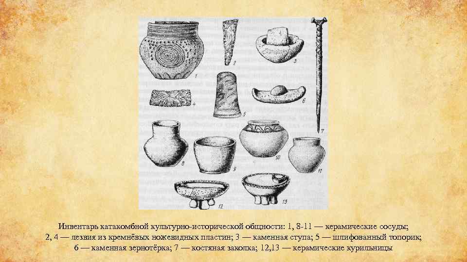 Инвентарь катакомбной культурно-исторической общности: 1, 8 -11 — керамические сосуды; 2, 4 — лезвия
