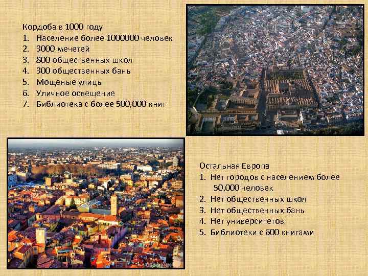 Кордоба в 1000 году 1. Население более 1000000 человек 2. 3000 мечетей 3. 800