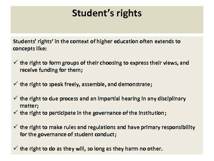 Student’s rights Students’ rights‘ in the context of higher education often extends to concepts