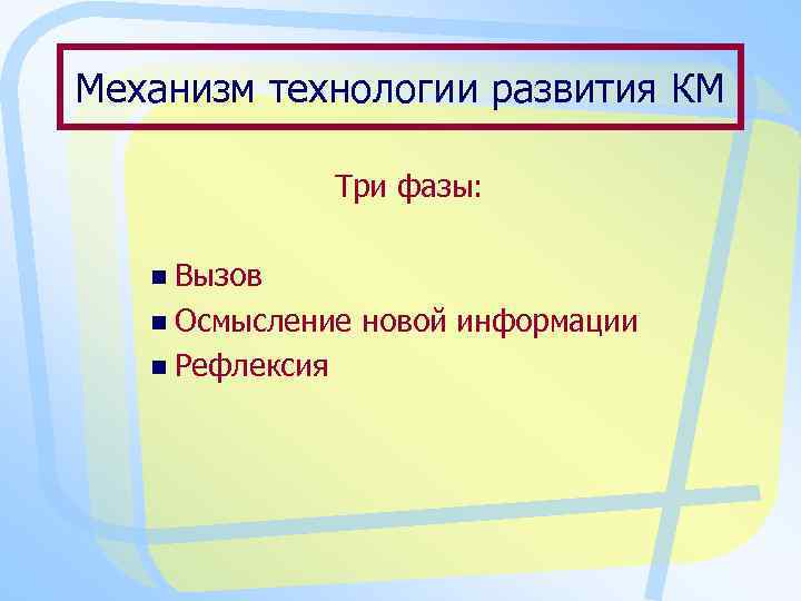 Механизм технологии развития КМ Три фазы: n Вызов n Осмысление n Рефлексия новой информации