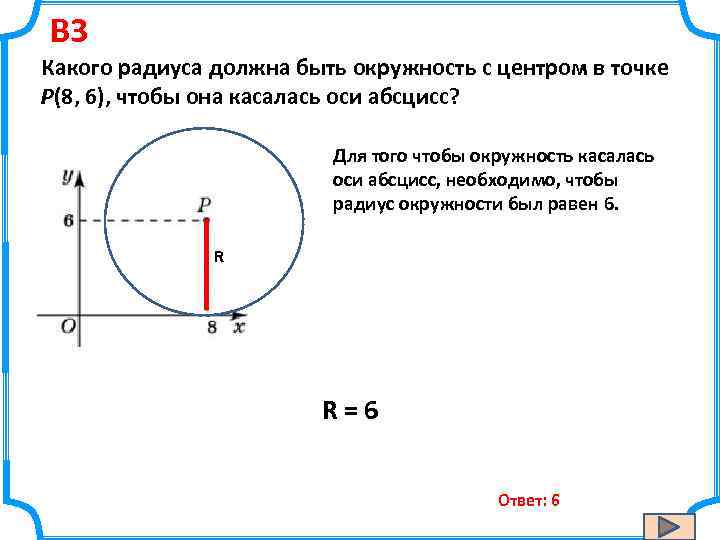B 3 Какого радиуса должна быть окружность с центром в точке P(8, 6), чтобы
