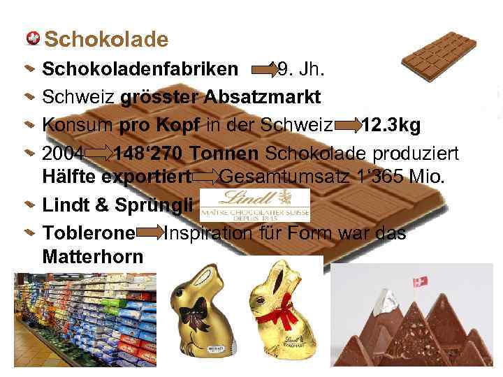 Schokoladenfabriken 19. Jh. Schweiz grösster Absatzmarkt Konsum pro Kopf in der Schweiz 12. 3