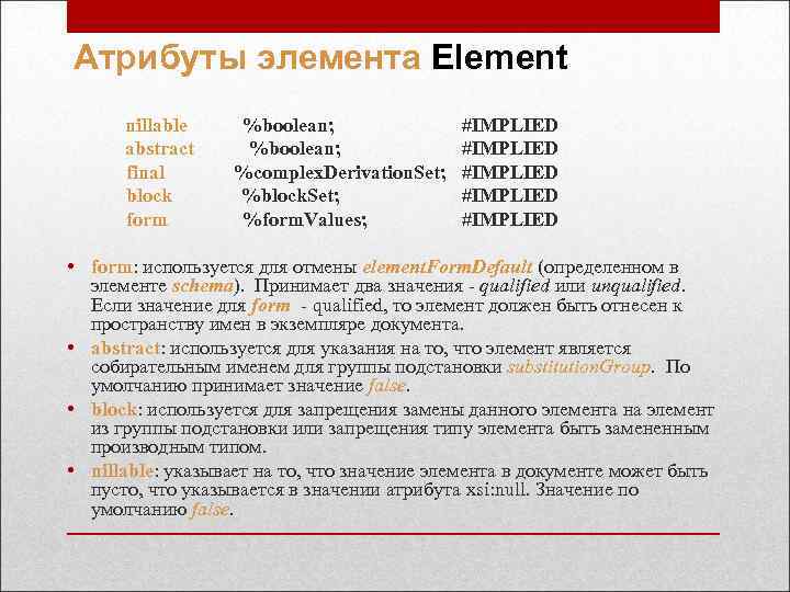 Атрибуты элемента Element nillable abstract final block form %boolean; %complex. Derivation. Set; %block. Set;