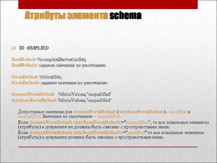 Атрибуты элемента schema id ID #IMPLIED final. Default %complex. Derivation. Set; final. Default: задание