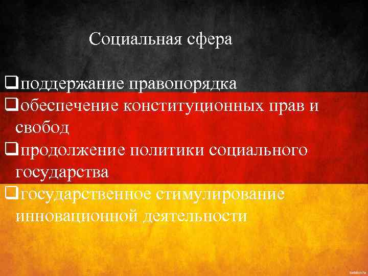 Социальная сфера qподдержание правопорядка qобеспечение конституционных прав и свобод qпродолжение политики социального государства qгосударственное