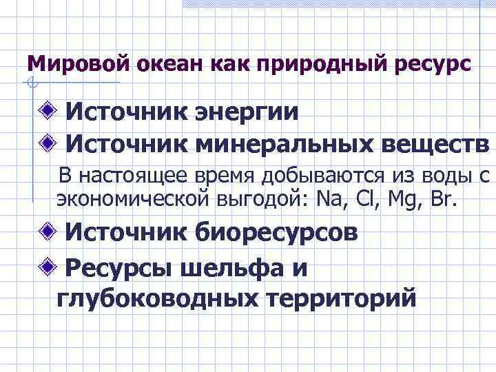 Мировой океан как природный ресурс Источник энергии Источник минеральных веществ В настоящее время добываются