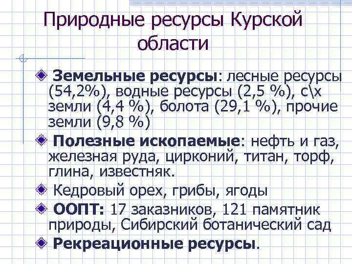 Природные ресурсы Курской области Земельные ресурсы: лесные ресурсы (54, 2%), водные ресурсы (2, 5