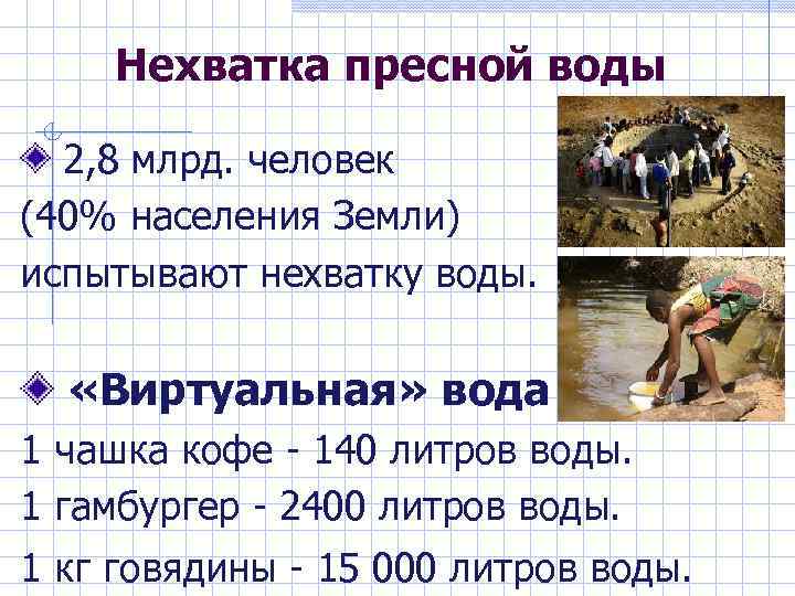 Нехватка пресной воды 2, 8 млрд. человек (40% населения Земли) испытывают нехватку воды. «Виртуальная»