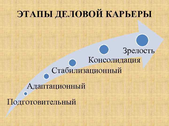 ЭТАПЫ ДЕЛОВОЙ КАРЬЕРЫ Зрелость Консолидация Стабилизационный Адаптационный Подготовительный 