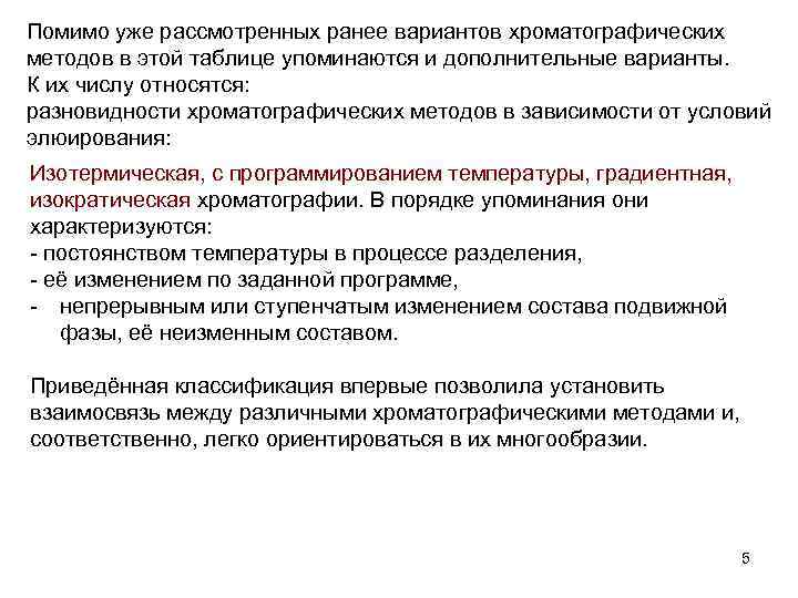 Помимо уже рассмотренных ранее вариантов хроматографических методов в этой таблице упоминаются и дополнительные варианты.