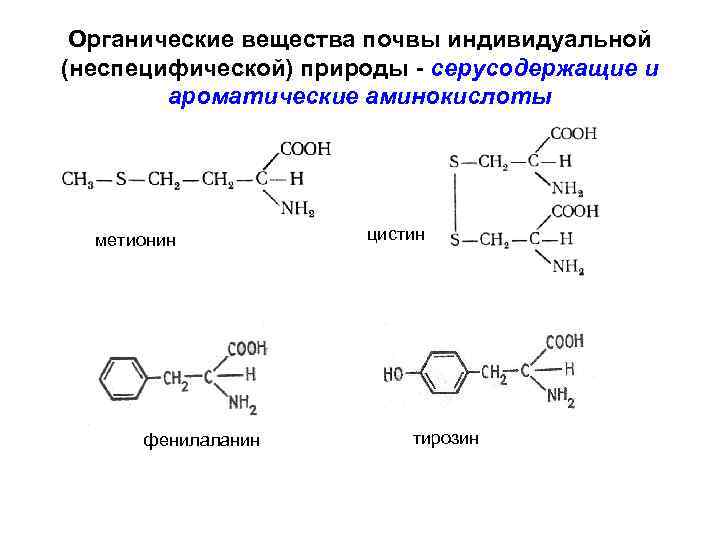 Органические вещества почвы индивидуальной (неспецифической) природы - серусодержащие и ароматические аминокислоты метионин фенилаланин цистин