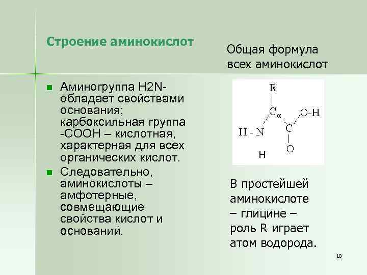 Строение аминокислот n n Аминогруппа H 2 Nобладает свойствами основания; карбоксильная группа -СООН –