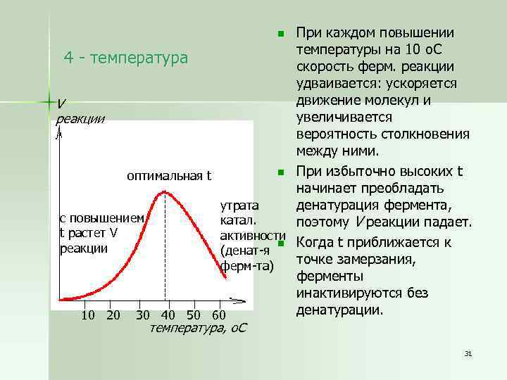 При каждом повышении температуры на 10 о. С 4 - температура скорость ферм. реакции