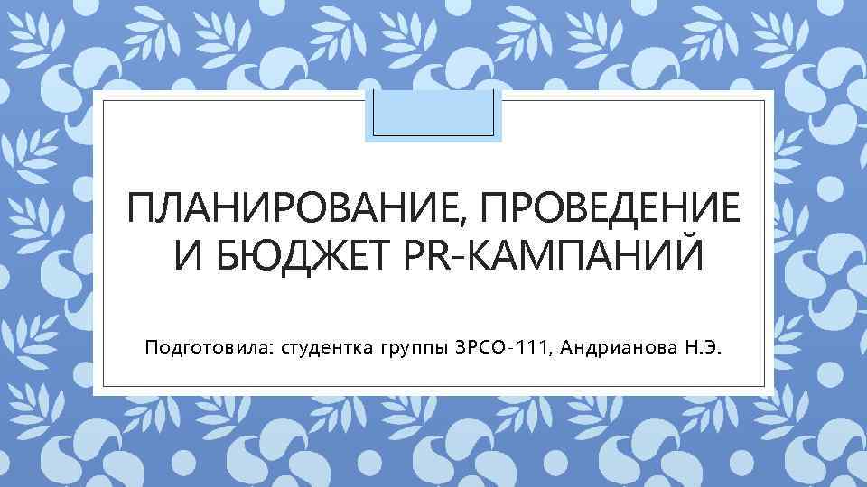 ПЛАНИРОВАНИЕ, ПРОВЕДЕНИЕ И БЮДЖЕТ PR-КАМПАНИЙ Подготовила: студентка группы ЗРСО-111, Андрианова Н. Э. 