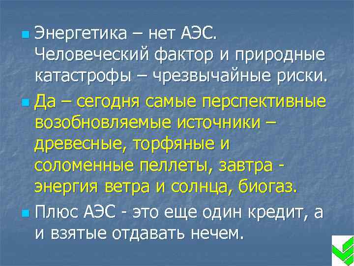 Энергетика – нет АЭС. Человеческий фактор и природные катастрофы – чрезвычайные риски. n Да