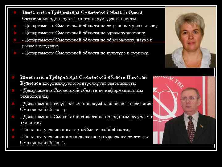n n n Заместитель Губернатора Смоленской области Ольга Окунева координирует и контролирует деятельность: -