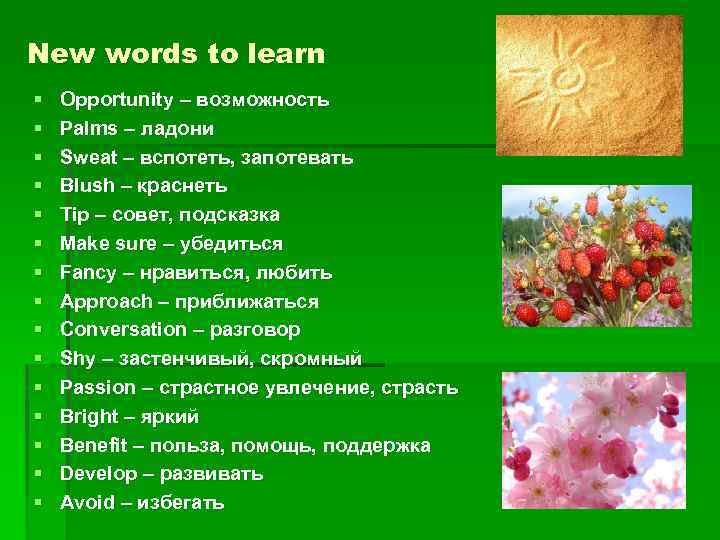 New words to learn § § § § Opportunity – возможность Palms – ладони