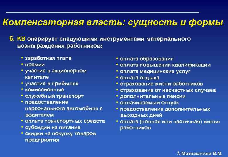 Компенсаторная власть: сущность и формы 6. KB оперирует следующими инструментами материального вознаграждения работников: •