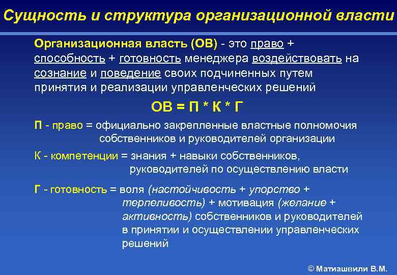 Сущность и структура организационной власти Организационная власть (ОВ) - это право + способность +