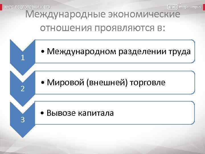 Международные экономические отношения проявляются в: 1 2 3 • Международном разделении труда • Мировой