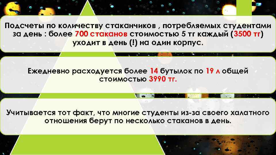 Подсчеты по количеству стаканчиков , потребляемых студентами за день : более 700 стаканов стоимостью