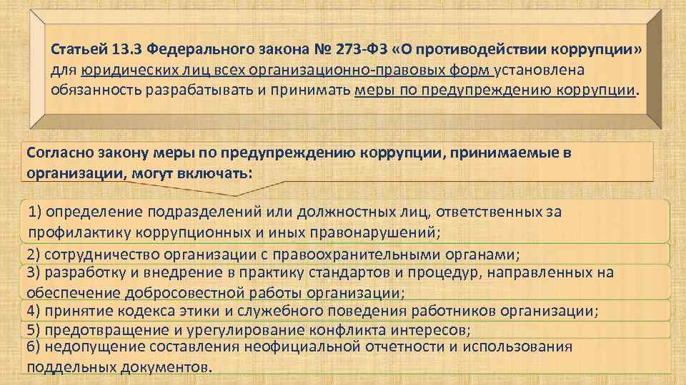 Статьей 13. 3 Федерального закона № 273 -ФЗ «О противодействии коррупции» для юридических лиц