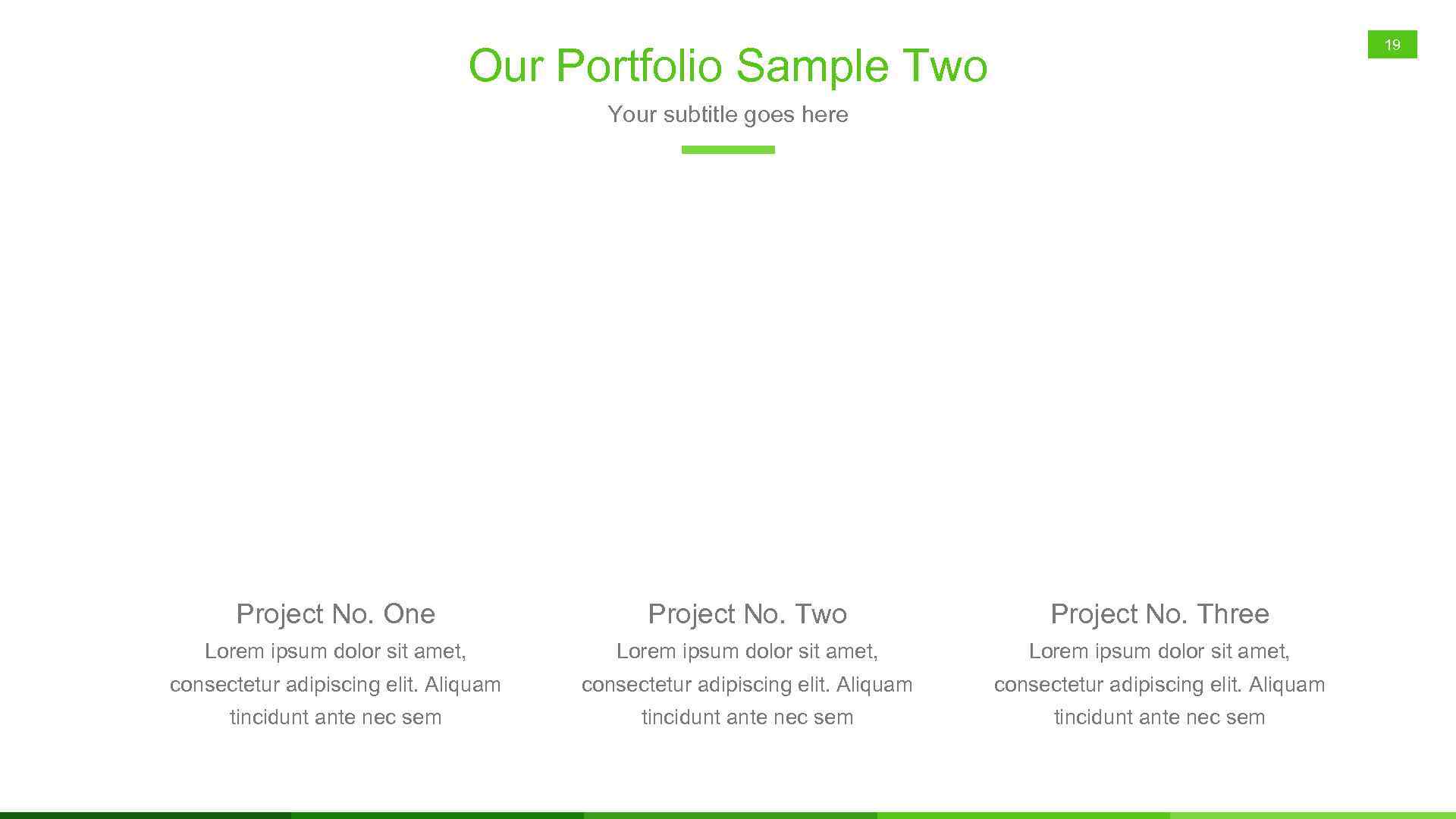 19 Our Portfolio Sample Two Your subtitle goes here Project No. One Project No.