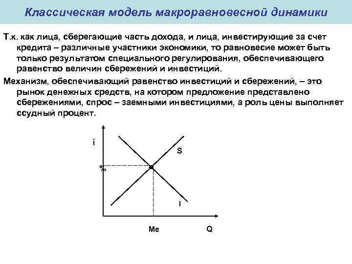 Классическая модель макроравновесной динамики Т. к. как лица, сберегающие часть дохода, и лица, инвестирующие