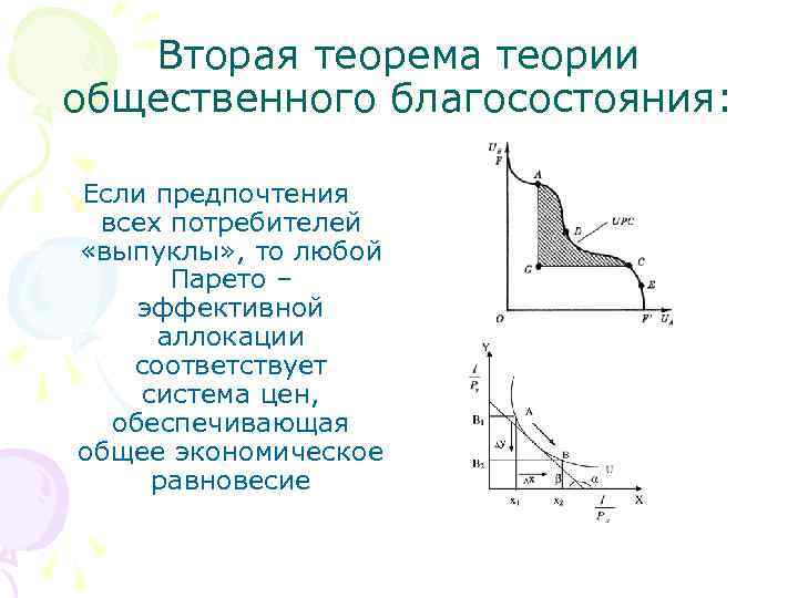 Вторая теорема теории общественного благосостояния: Если предпочтения всех потребителей «выпуклы» , то любой Парето