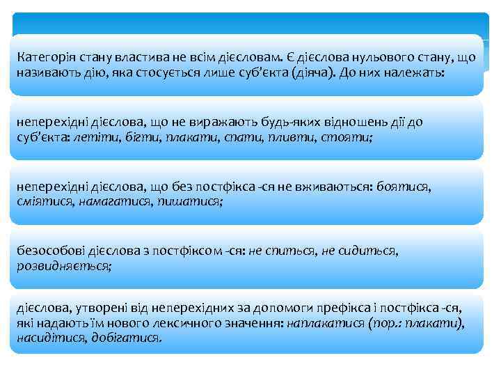 Категорія стану властива не всім дієсловам. Є дієслова нульового стану, що називають дію, яка