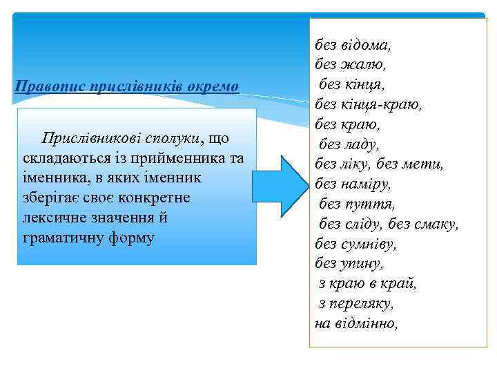 Правопис прислівників окремо Прислівникові сполуки, що складаються із прийменника та іменника, в яких іменник