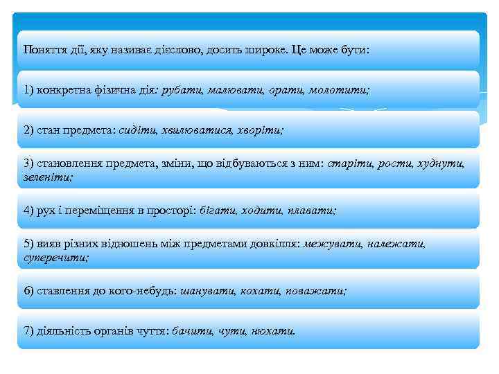 Поняття дії, яку називає дієслово, досить широке. Це може бути: 1) конкретна фізична дія: