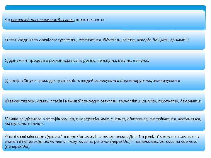 До неперехідних належать дієслова, що означають: 1) стан людини та довкілля: сумувати, веселитися, бідувати,