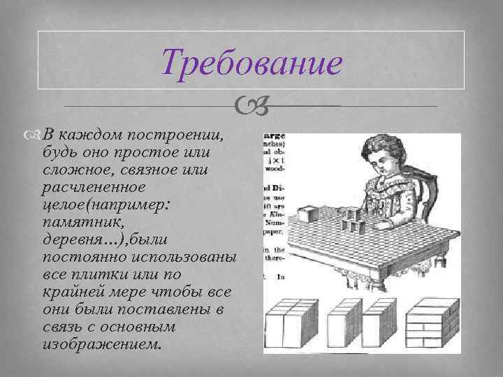 Требование В каждом построении, будь оно простое или сложное, связное или расчлененное целое(например: памятник,
