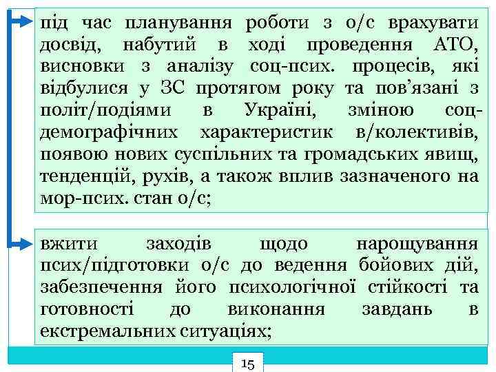 під час планування роботи з о/с врахувати досвід, набутий в ході проведення АТО, висновки