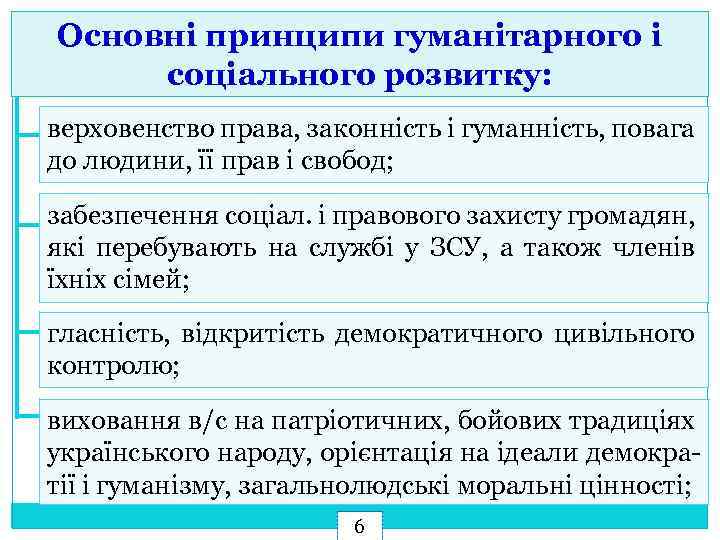 Основні принципи гуманітарного і соціального розвитку: верховенство права, законність і гуманність, повага до людини,