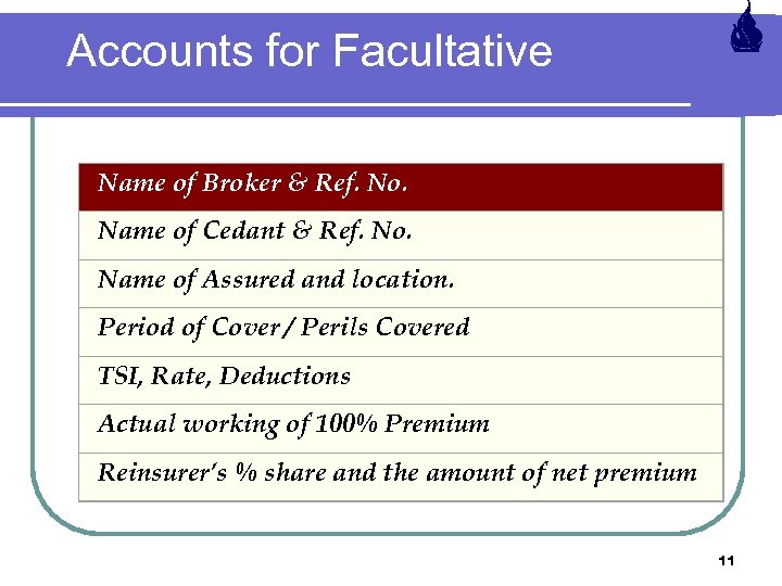 Accounts for Facultative Name of Broker & Ref. No. Name of Cedant & Ref.