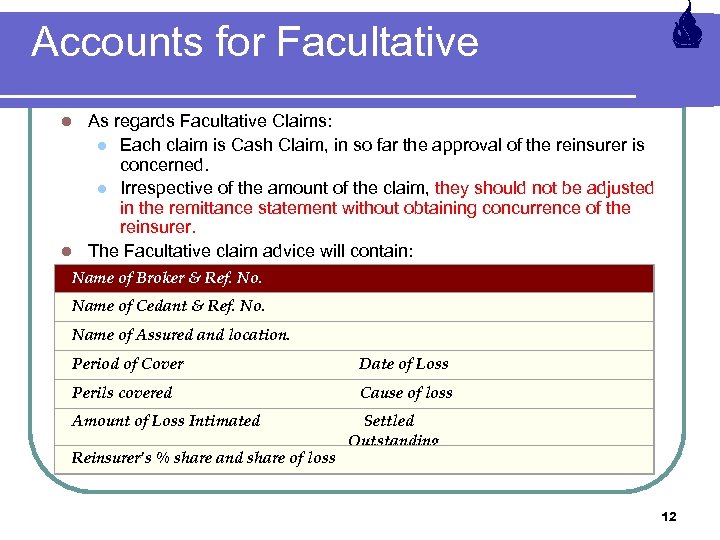 Accounts for Facultative As regards Facultative Claims: l Each claim is Cash Claim, in