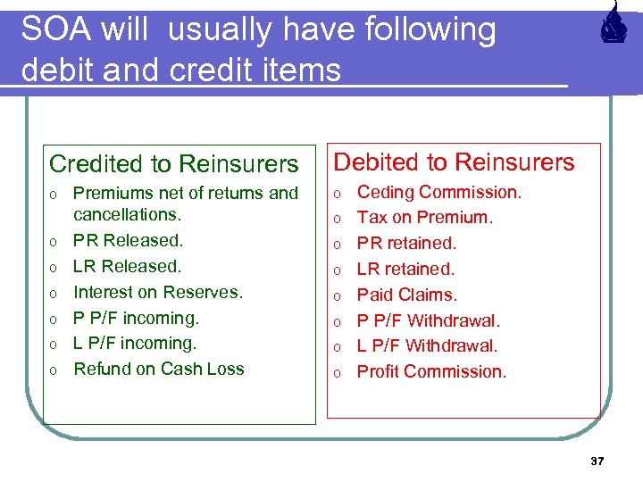 SOA will usually have following debit and credit items Credited to Reinsurers o o