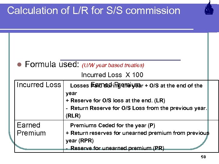 Calculation of L/R for S/S commission l Formula used: (U/W year based treaties) Incurred