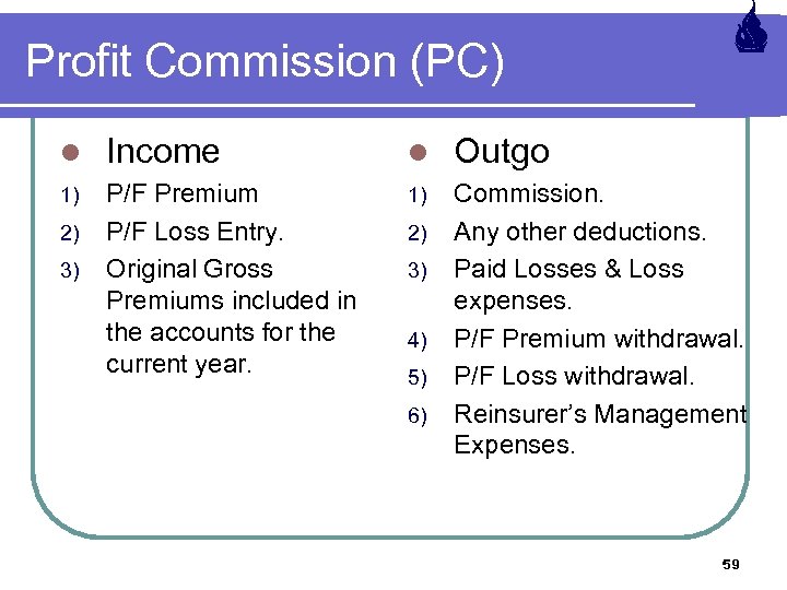 Profit Commission (PC) l Income l Outgo 1) P/F Premium P/F Loss Entry. Original