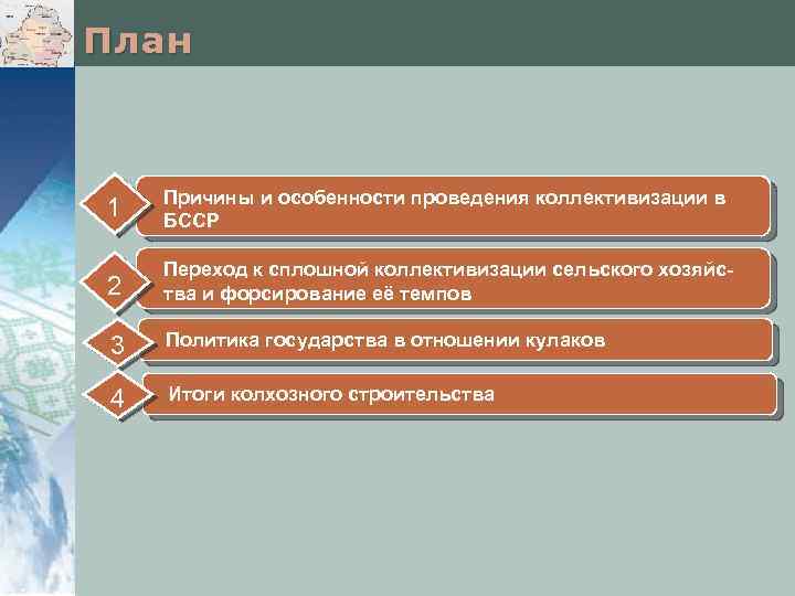 План 1 Причины и особенности проведения коллективизации в БССР 2 Переход к сплошной коллективизации