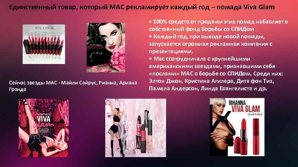 Единственный товар, который MAC рекламирует каждый год – помада Viva Glam • 100% средств