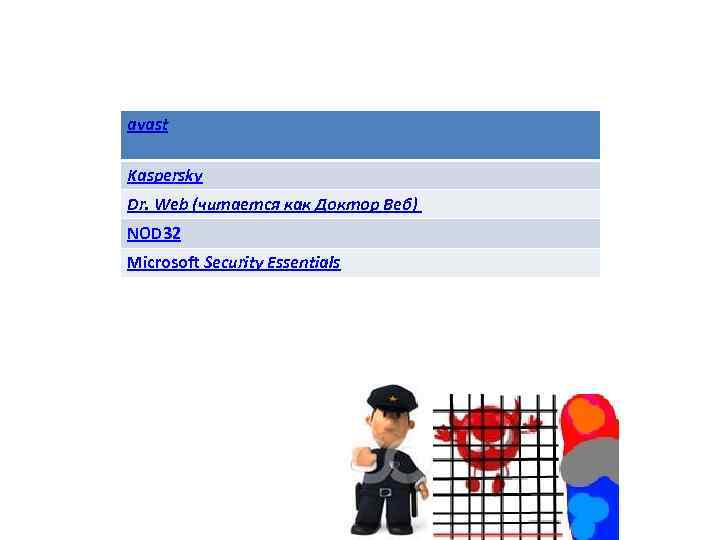 avast Kaspersky Dr. Web (читается как Доктор Веб) NOD 32 Microsoft Security Essentials 