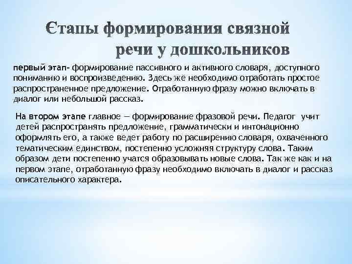 первый этап- формирование пассивного и активного словаря, доступного пониманию и воспроизведению. Здесь же необходимо