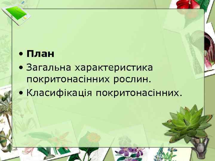  • План • Загальна характеристика покритонасінних рослин. • Класифікація покритонасінних. 