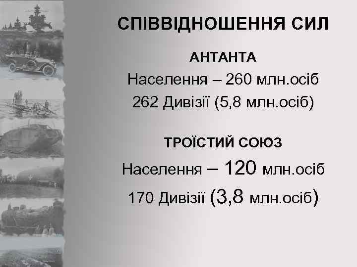 СПІВВІДНОШЕННЯ СИЛ АНТАНТА Населення – 260 млн. осіб 262 Дивізії (5, 8 млн. осіб)