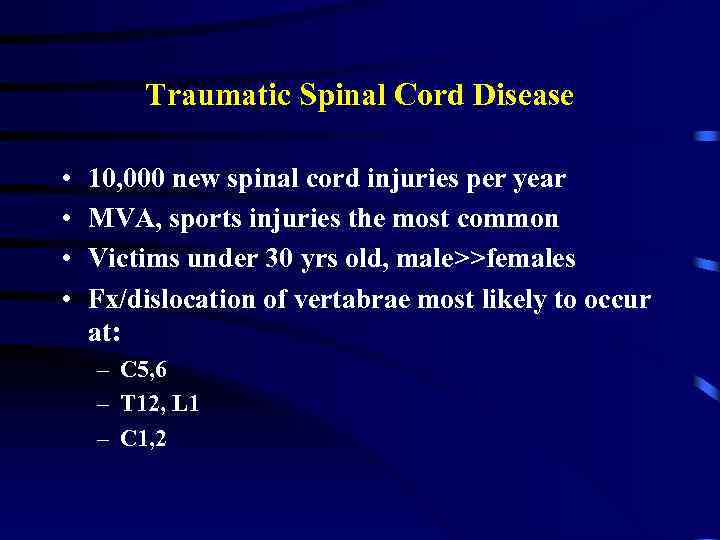 Traumatic Spinal Cord Disease • • 10, 000 new spinal cord injuries per year