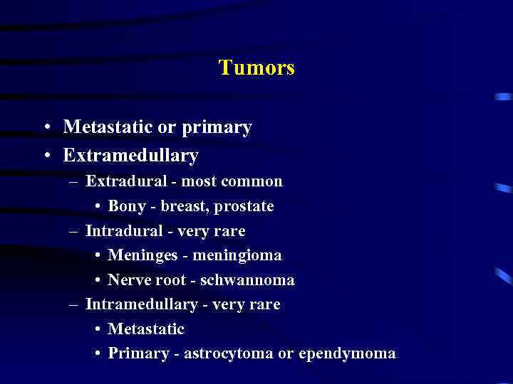 Tumors • Metastatic or primary • Extramedullary – Extradural - most common • Bony