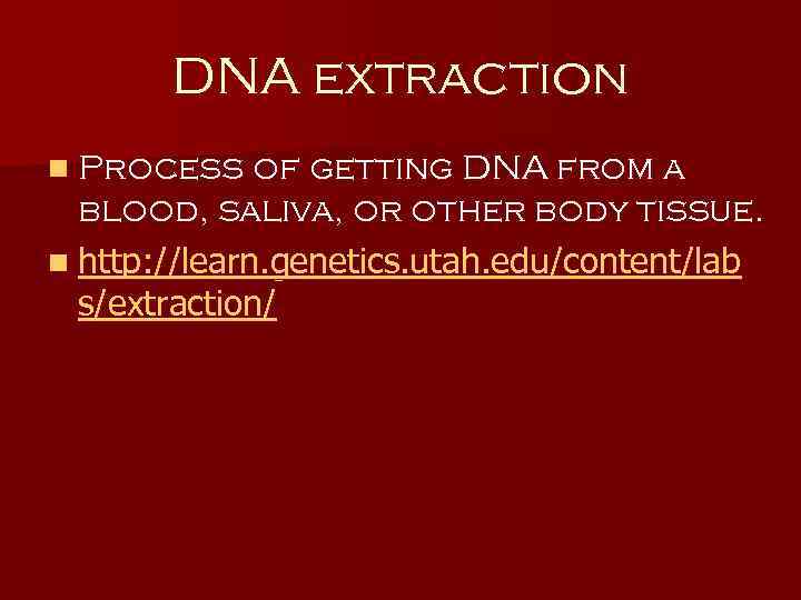 DNA extraction n Process of getting DNA from a blood, saliva, or other body